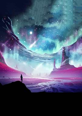 Lone Traveler Under Cosmic Aurora
