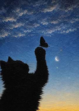 Black Cat Reaching for a Butterfly