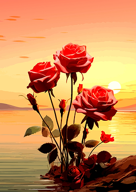 Red Roses at Sunset by Water