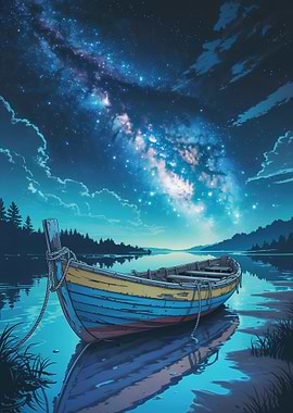 Boat Under a Starry Night Sky