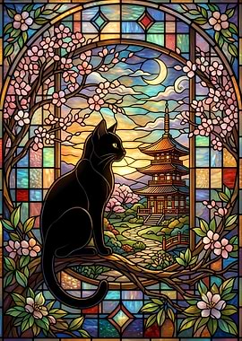 Stained Glass Black Cat and Pagoda