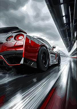 Red Nissan GT-R Racing on Track