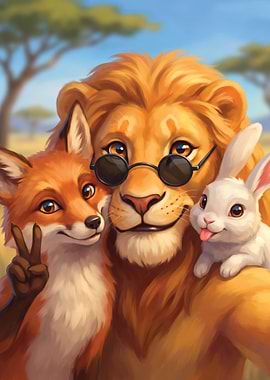 Lion, Fox, and Rabbit Selfie