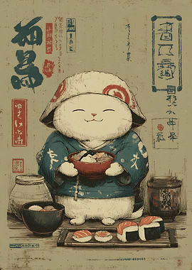 Cute Cat Chef Serving Sushi