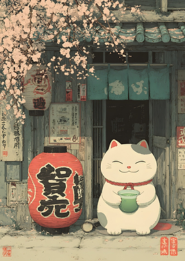 Cute Cat Drinking Tea in Japan