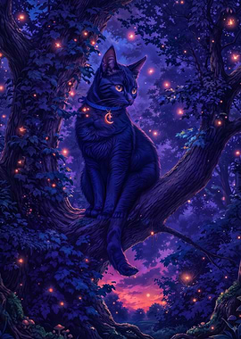 Mystical Black Cat in Enchanted Forest