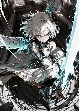 White-Haired Angelic Warrior with Glowing Sword