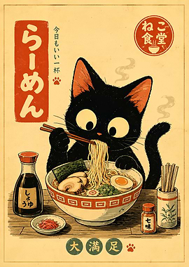 Cute Black Cat Eating Ramen Poster