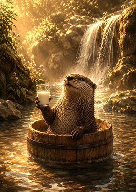Otter Relaxing in a Wooden Tub