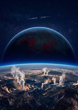 Volcanic Planet Surface Under Cosmic Skies