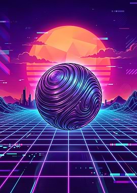 Synthwave Sphere Over Digital Grid