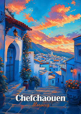 Chefchaouen Morocco Sunset Travel Poster