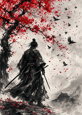 Samurai Under Red Maple Tree