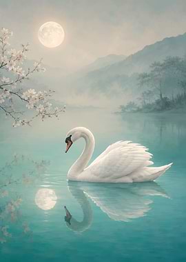 Elegant White Swan on Misty Lake
