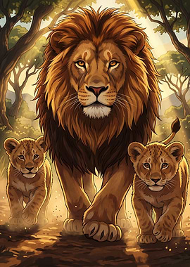 Majestic Lion and Cubs Walking