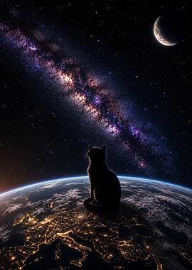 Cat Sitting on Earth in Space