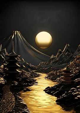 Golden Moon Over Japanese Landscape