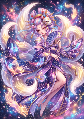 Celestial Kitsune Girl in Starry Galaxy