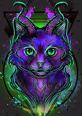 Neon Horned Cat Digital Art
