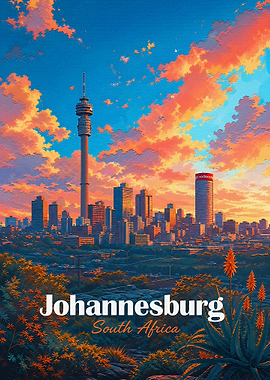 Johannesburg Cityscape Sunset Travel Poster