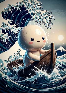 Cute Character Riding Great Wave