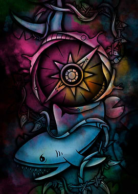 Abstract Shark and Compass Illustration