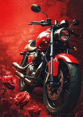 Red Motorcycle Among Red Roses