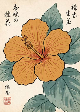 Vintage Japanese Style Hibiscus Illustration