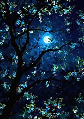 Blue Moonlit Flowering Tree