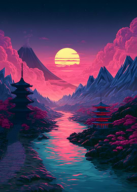 Vibrant Japanese Mountain Landscape at Sunset