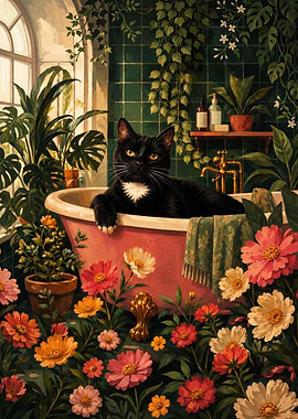 Black Cat Relaxing in Floral Bathtub