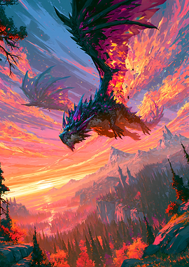Crystalline Dragon Over Sunset Landscape