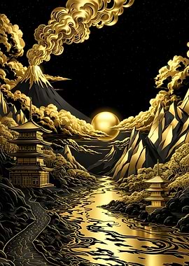 Golden Japanese Landscape with Pagodas