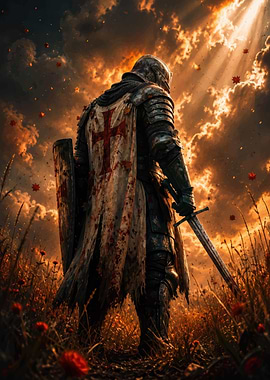 Crusader Knight in Golden Sunset Field