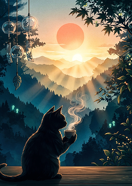 Black Cat Drinking Tea at Sunset