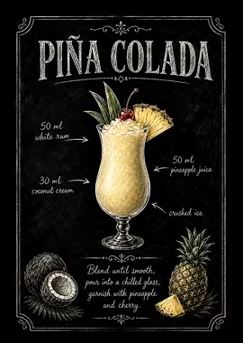 Piña Colada Cocktail Recipe Chalkboard Art