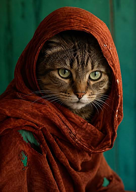 Cat Wearing a Distressed Red Scarf