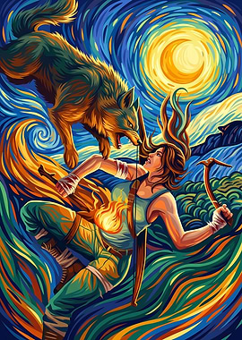 Lara Croft Fighting Wolf Van Gogh Style