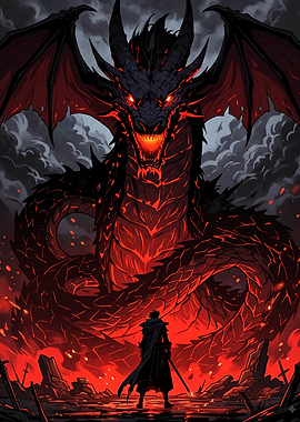 Warrior Facing a Massive Fire Dragon