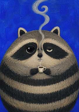 Tired Raccoon Drinking Morning Coffee