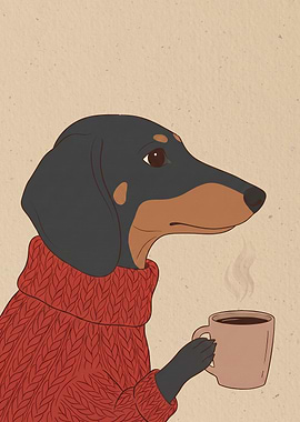 Dachshund in Red Sweater Drinking Coffee