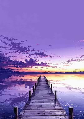 Purple Sunset Over Wooden Pier