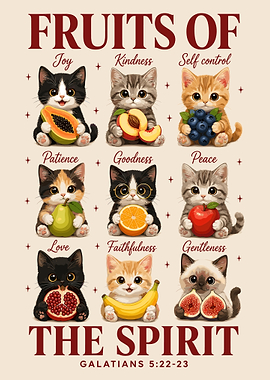 Fruits of the Spirit Kittens Poster | Cute Christian Cat Wall Art for Kids Room Decor