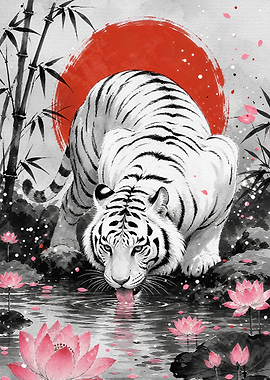 White Tiger Drinking by Red Sun