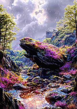 Enchanted Rocky Stream with Purple Flowers