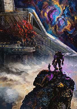 Mech Warrior and Pilot Overlooking Nebula