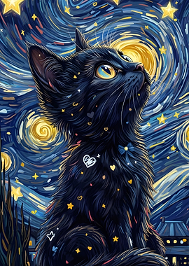 Black Cat Starry Night Art