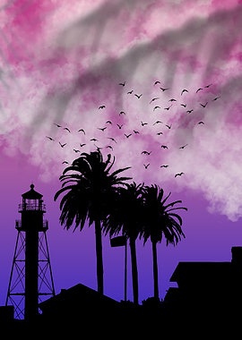 Lighthouse and Palm Trees Silhouette Bisexual Background