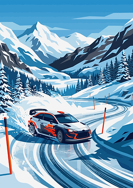 Rally Car Drifting on Snowy Road