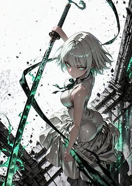 Anime Girl with Glowing Green Katana